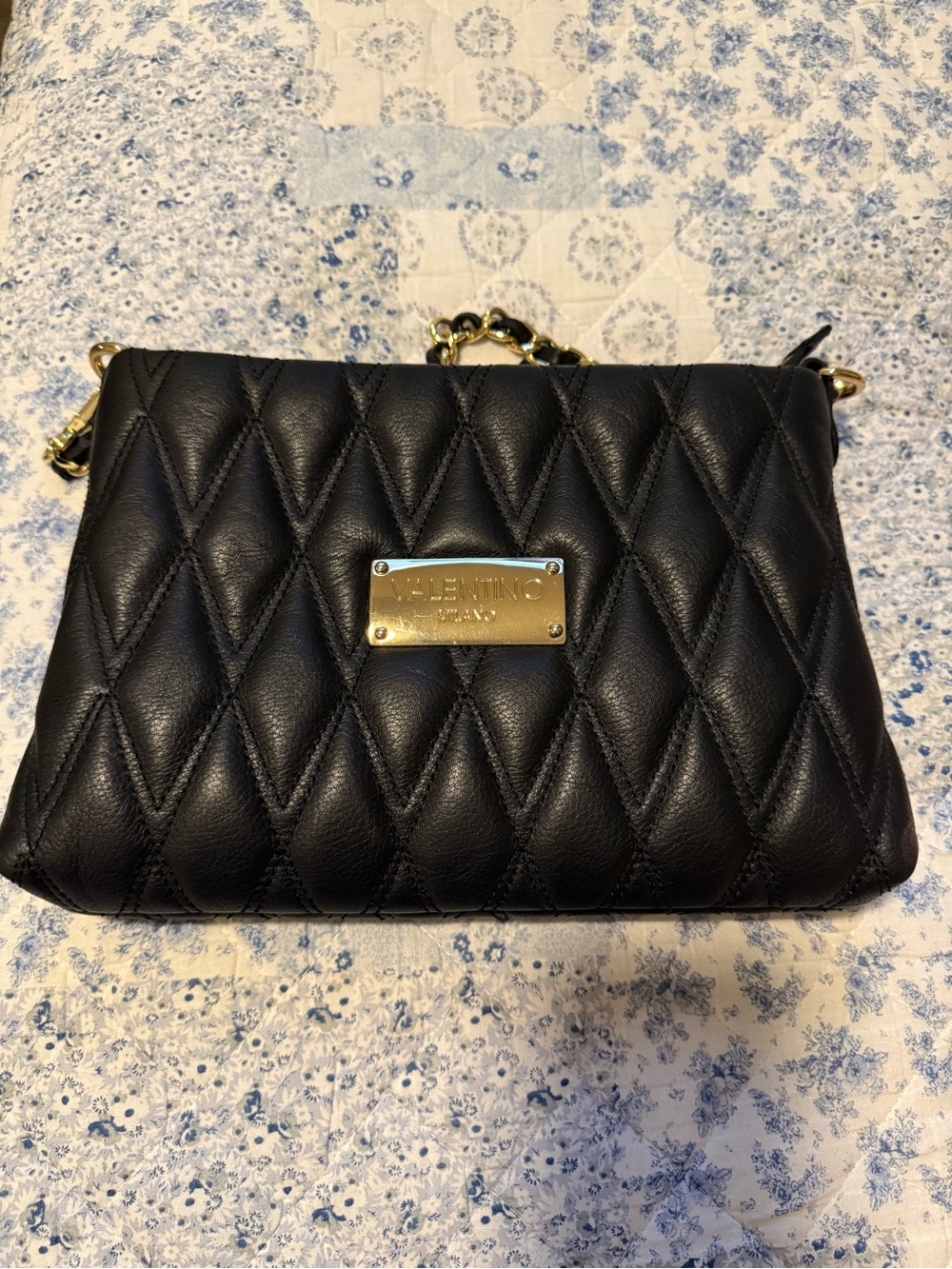 Valentino Black Quilted Leather Crossbody with Gold Plaque